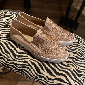 Pink with rhinestones slip on shoes/loafers INC size 9